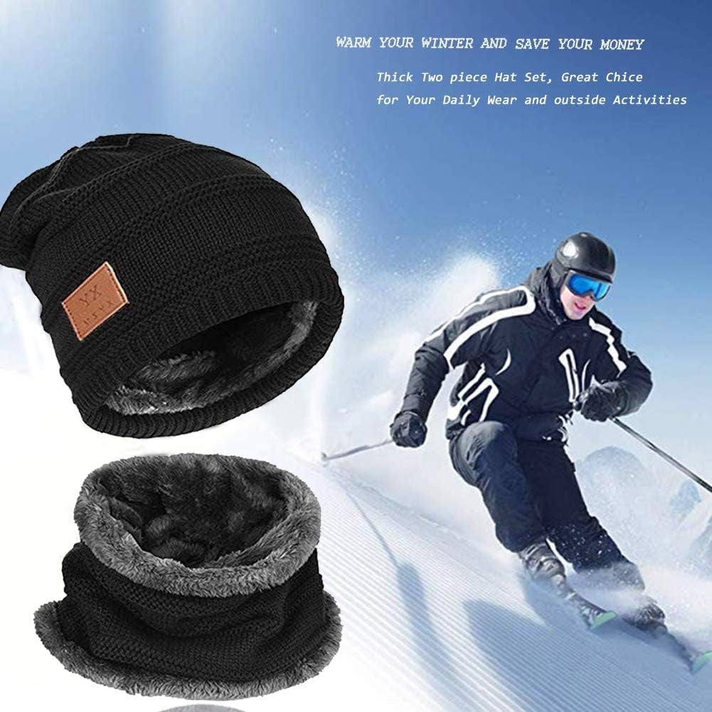 2Pieces Mens Winter Beanie Hat Fleece Lined Scarf Set Knit Warm Thick Skull Cap Neck Warmer for Men & Women