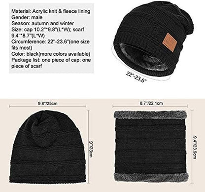 2Pieces Mens Winter Beanie Hat Fleece Lined Scarf Set Knit Warm Thick Skull Cap Neck Warmer for Men & Women