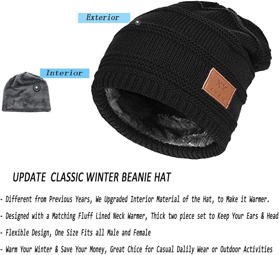 2Pieces Mens Winter Beanie Hat Fleece Lined Scarf Set Knit Warm Thick Skull Cap Neck Warmer for Men & Women