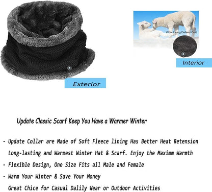 2Pieces Mens Winter Beanie Hat Fleece Lined Scarf Set Knit Warm Thick Skull Cap Neck Warmer for Men & Women