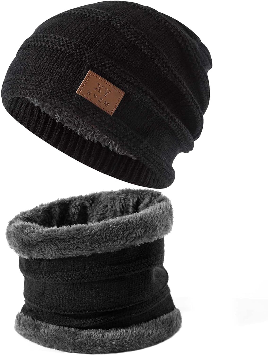 2Pieces Mens Winter Beanie Hat Fleece Lined Scarf Set Knit Warm Thick Skull Cap Neck Warmer for Men & Women