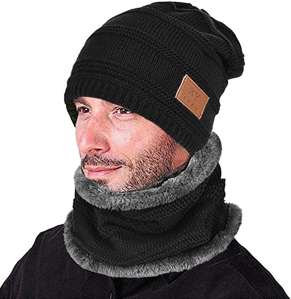 2Pieces Mens Winter Beanie Hat Fleece Lined Scarf Set Knit Warm Thick Skull Cap Neck Warmer for Men & Women